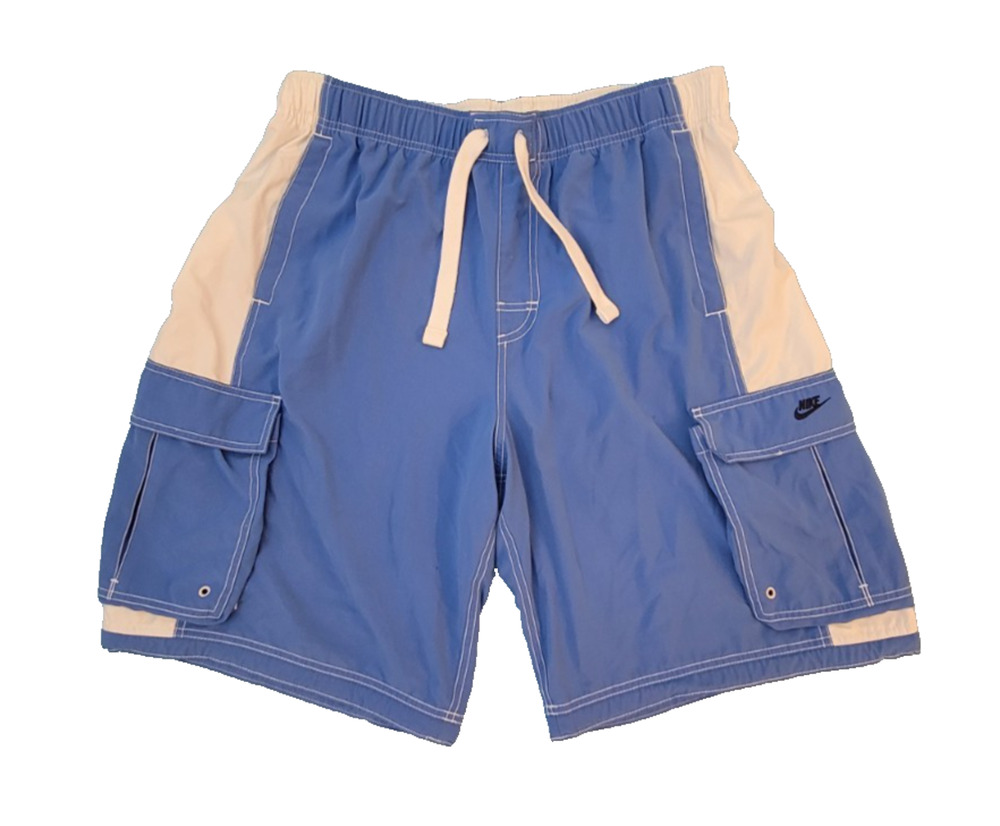 Nike Swim Shorts XXL Blue White Cargo Pocket Drawstring Unlined Beach Board